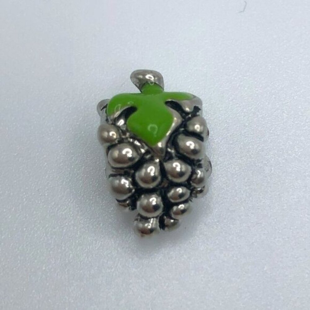 Bunch of Grapes Bead Charm Silver Tone with Green Enamel Leaves